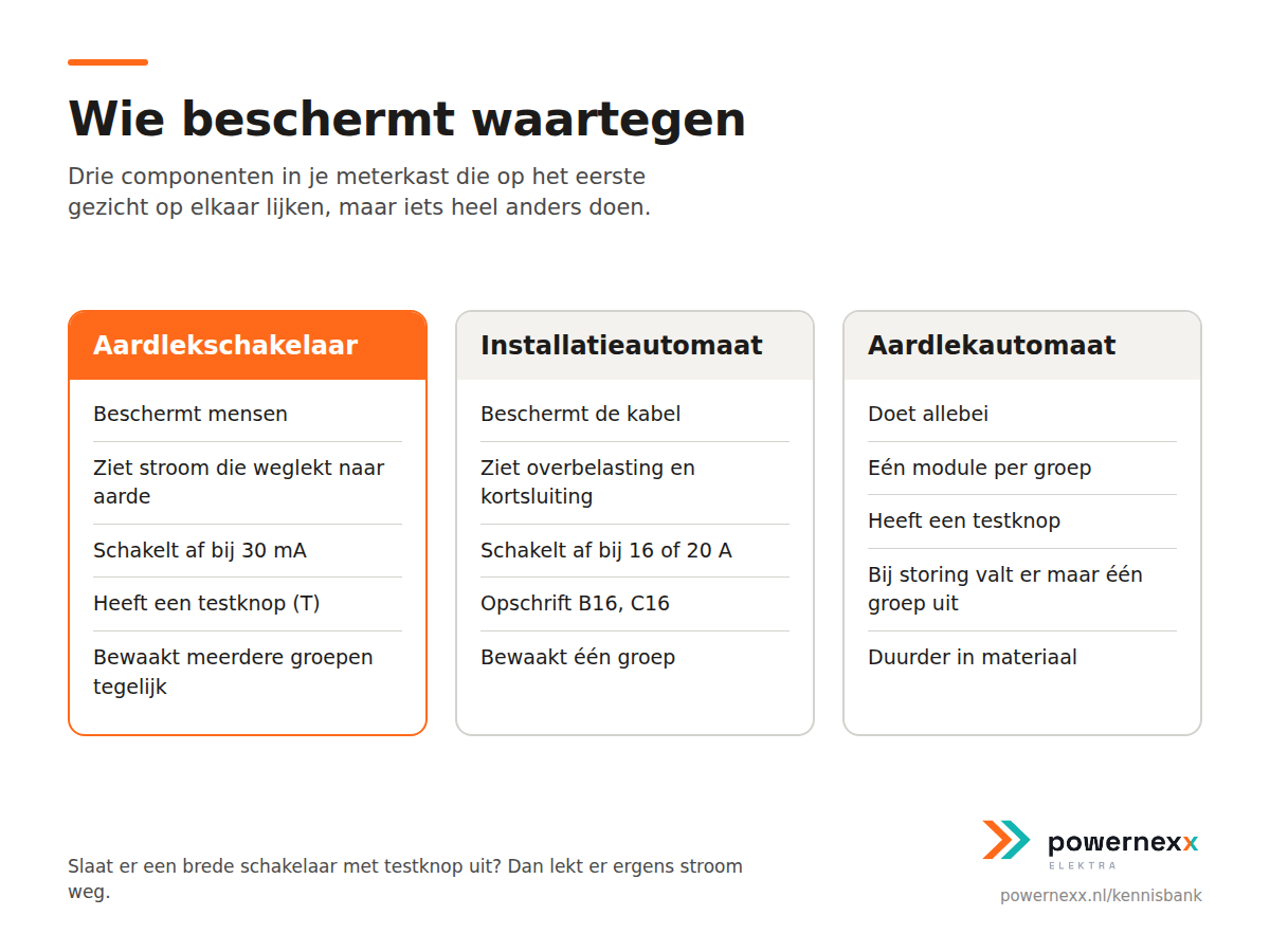 Vergelijking van wat een aardlekschakelaar, installatieautomaat en aardlekautomaat beveiligen
